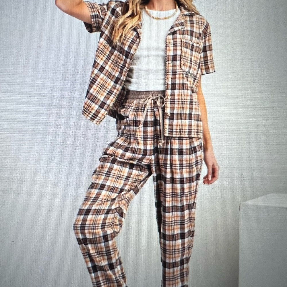 Plaid Two-Piece Sleep Set - Brown/Beige